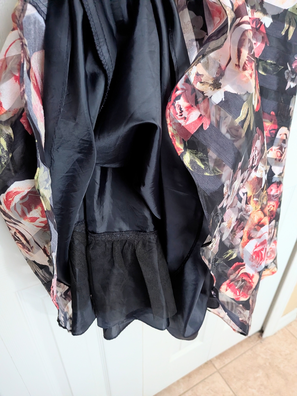 Navy Blue Floral Satin Belt Dress - Picture 4 of 11